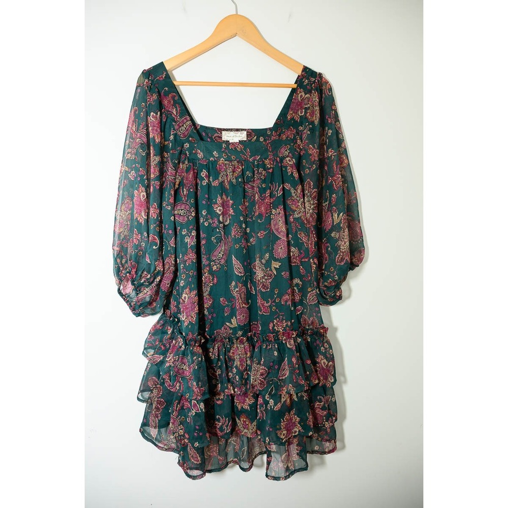 Band of the Free Dress M Pine Berry Paisley Tiered Ruffle Boho Mini